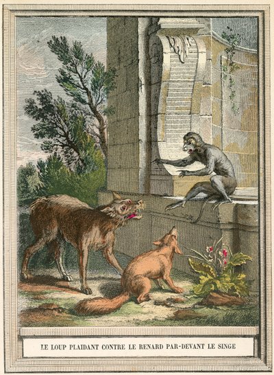 The wolf pleading against the fox in front of the monkey by French School